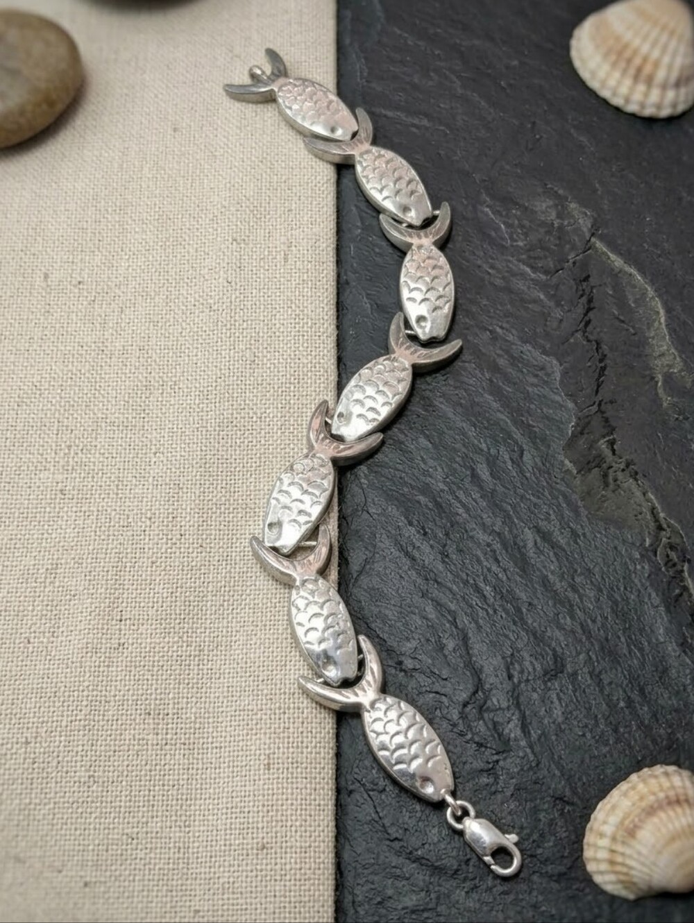Vintage Solid 925 Sterling Silver Articulated Fish Scale Link Chain Bracelet EUC